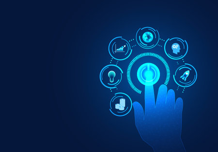Businessman's finger is pressing the open button This Refers to modern business with the introduction of smart technology to help manage the company in order to grow its business beyond it competitorsのイラスト素材