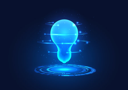Light bulb on the top of the technology circle means that smart technology can come in to help support in coming up with new ideas or solving problems using technology as a helper.のイラスト素材