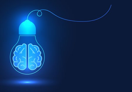 Bulb has a brain hanging down, meaning it's the brain of an artificial intelligence system that helps humans come up with new job ideas to offer customers and solve business problems.のイラスト素材