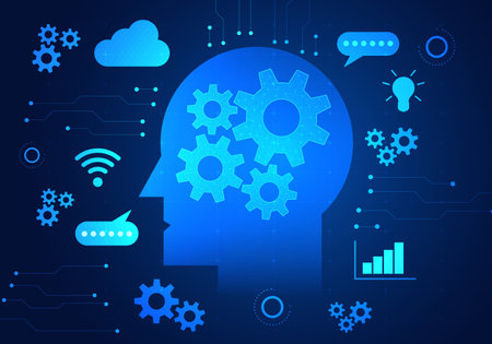 Artificial intelligence robot has a cog in the meaning. The work process of the artificial intelligence system that comes to help work and also helps to solve business problems.のイラスト素材