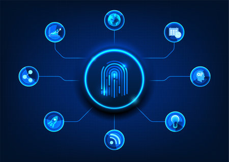 Smart technology background with fingerprint scanner button used for authentication to access sensitive information in the internet network. It is a technology for protecting personal information.のイラスト素材