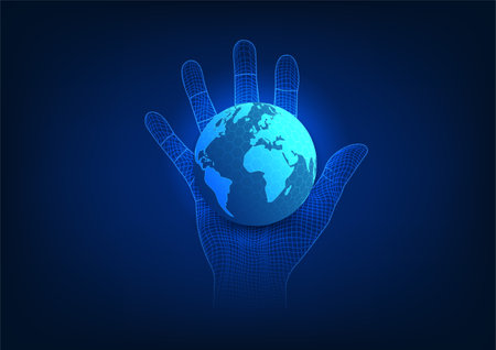 Earth technology background on hand It means that the world's technology is controlled by users to benefit the business Technology plays role in the Internet data transmission and business developmentのイラスト素材