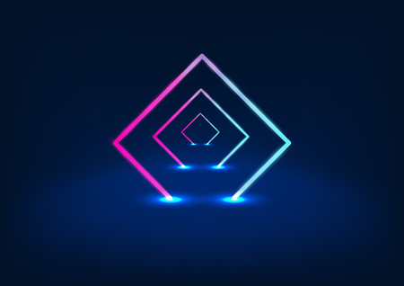 Podium Triangle bending neon lights with blue and purple lighting. to make the product stand out as more modern luxury being placed on a platform long and high from the groundのイラスト素材