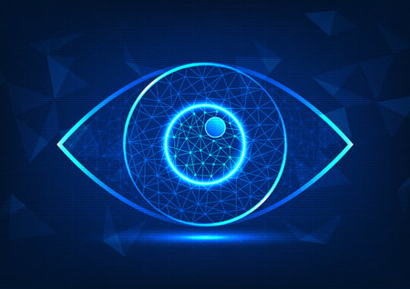 Eye technology with superimposed geometric shapes with stacked back lines. It conveys the speed of searching for information through the modern internet network. It is useful for growing a business.のイラスト素材