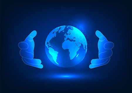 Business hands are wrapping around the globe with connected geometric shapes. Refers to business by using technology to help businesses grow rapidly and become a leader among competitors.のイラスト素材