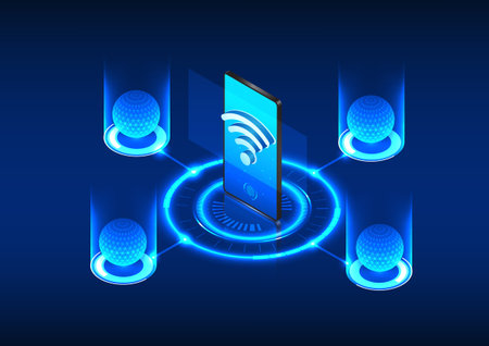 Tech backdrop with smartphone at center, surrounded by Wi-Fi symbol and processor-connected lines. Glowing tech circle at phone's bottom. Illustrating Wi-Fi connection to mobile devicesのイラスト素材