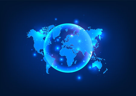 Global technology network with a world map, connecting diverse regions. Explores digital connectivity and communication on a global scale.のイラスト素材
