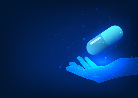 Technology background with a hand holding a pill, symbolizing modern medical assistance and futuristic healthcare.のイラスト素材