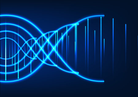 Abstract wallpaper featuring a blend of dark blue and black tones, highlighted by interconnected curved and straight lines, enhanced with captivating lighting effectsのイラスト素材