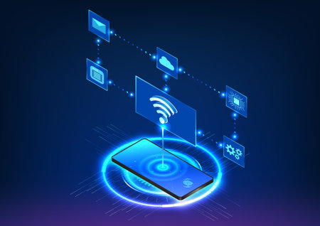 Smartphone showcasing a Wi-Fi symbol, seamlessly connected with various technology icons background. technology circle completes composition, depicting the perfect blend of connectivity and innovationのイラスト素材