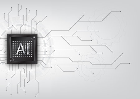 Artificial intelligence technology with a vector illustration showcasing a microchip surrounded by a circuit board. Discover the seamless integration of AI in modern tech. Futuristic conceptのイラスト素材