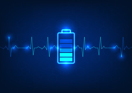 Battery technology and waves that overlap each other gracefully in a geometric pattern background. Refers to the use of electricity into the battery to provide full power. It's a vector illustration.のイラスト素材