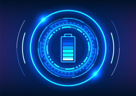 Battery technology inside of high tech circle It is a technology that allows power to work with electrical equipment. It is a vector illustration in blue tones.のイラスト素材