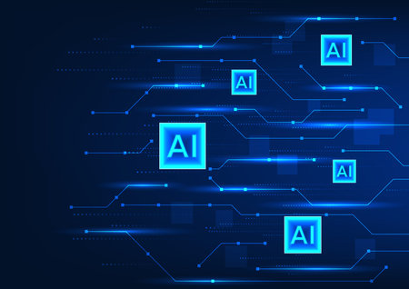 Artificial intelligence technology There is an AI chip that is connected to the technology circuit that represents the AI system that sends learning data and works quickly.のイラスト素材