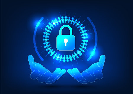Security technology, the hand is holding a lock inside a technology circle. It is a human-made innovation to protect personal data from being damaged or lost. It's a vector illustration.のイラスト素材
