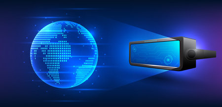 Virtual Reality technology, VR glasses that show a virtual globe. It is technology that creates a virtual environment that is also used for communication,entertainment,learning business communicationのイラスト素材