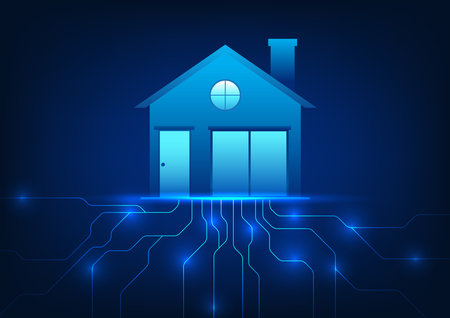 Smart home technology that uses Internet of Things signals to connect with home technology devices to work on command. Vector illustration of a house with a circuit board connected below.のイラスト素材