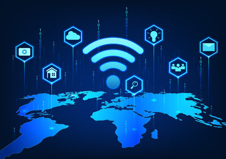 WiFi technology on the world map with icons and behind the number code Refers to the Wi-Fi technology used worldwide for access to entertainment, communication, and work.のイラスト素材
