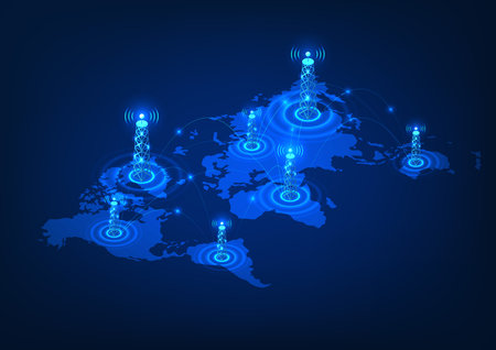 Transmission tower technology Cell towers on a world map with connection lines. Refers to the technology of transmitting signals that go to the world to communicate with each other around the world.のイラスト素材