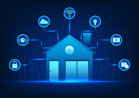 Smart home technology It is a home control system with a variety of technologies used in home automation control systems. by the image of the house with lines connected to the iconのイラスト素材