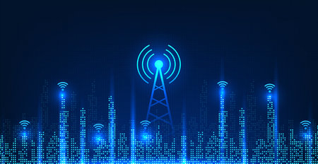 Cellular technology located on the smart city is pixelated. Smart city concept with signal towers for people in the city to access information. Send business communications smoothly.のイラスト素材