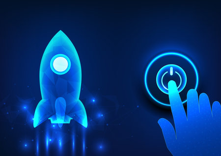 Vector illustration of a rising rocket with a hand pushing a start button. Technology concepts that...