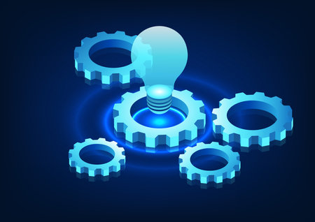 Gear technology with light bulbs set on gears Refers to find more information from the internet network to help solve problems and create creative ideas.のイラスト素材