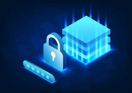 Cybersecurity Technology It is a technology to protect the server's data from being stolen or damaged. It is necessary to fill in the information to confirm your identity to access the information.のイラスト素材