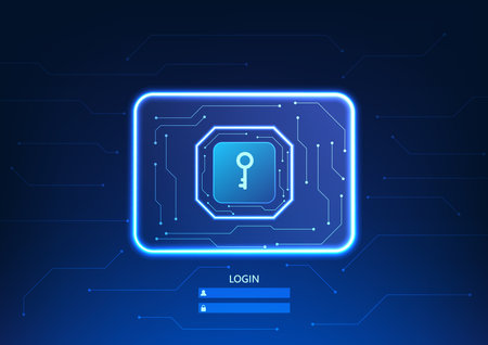 Screen technology background, Access login screen There is a key in the middle. and is surrounded by a circuit board It conveys access to a cyber-secure system.のイラスト素材