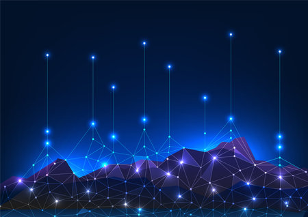 Information technology An image of a mountain with interconnected lines rising up A data collection concept to send large amounts of data to a destination through a high-speed internet network.のイラスト素材