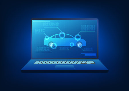 Technology that integrates with the car In order to access the performance of the car's systems, it helps to quickly analyze the details of the problem. The laptop screen has a car being scanned.のイラスト素材