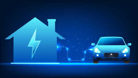 Electric Car technology is charging batteries at home Electric vehicles that use electric energy to move are clean energy that help reduce environmental pollution and are becoming popular.のイラスト素材