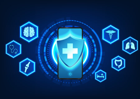 Medical technology The smartphone screen has a Medical Neutrality symbol and medical icons on the side, indicating medical technology that gives patients quick access to treatment.のイラスト素材