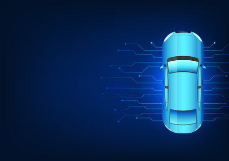 Technology car surroundings are technology circuits connected to the car. It represents the innovation of modern cars in which the electrical system is used as an alternative energy source.のイラスト素材