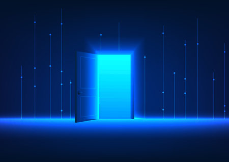 Opening the door to enter the world of technology There are connecting lines on the back. Referring to the use of technology to access information, learn, and find important information.のイラスト素材