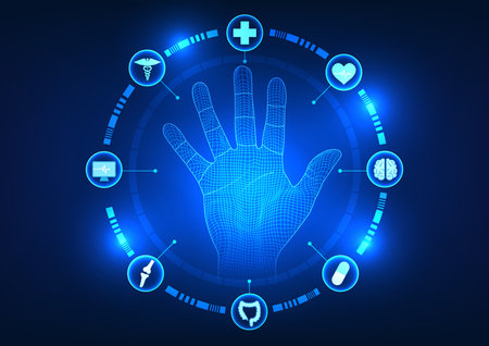 Medical technology Hand inside technology circle with doctor icon Refers to doctors who use technology in medicine to diagnose and treat patients.のイラスト素材
