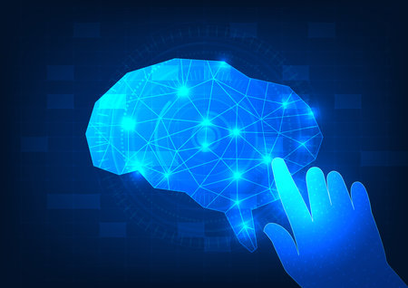 Artificial intelligence technology, or AI, that can process information quickly. Using the process of learning from data To help in human work The hand presses to the brain.のイラスト素材