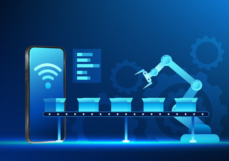Industry 4.0 business technology, mechanical manufacturing industry is working and smartphone with box flowing out Referring to modern industry that is fully automated. Check status via mobile phone.のイラスト素材