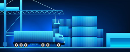 Transportation and logistics business technology Container truck is picking up cargo from the shipping port. to go to the warehouse destination Using technology to help make things faster.のイラスト素材