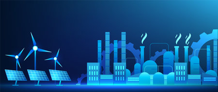 Industry 4.0 business technology Factory on the side has windmill and solar cells It refers to the manufacturing industry that uses clean energy and is fully automated. Artificial intelligence is usedのイラスト素材