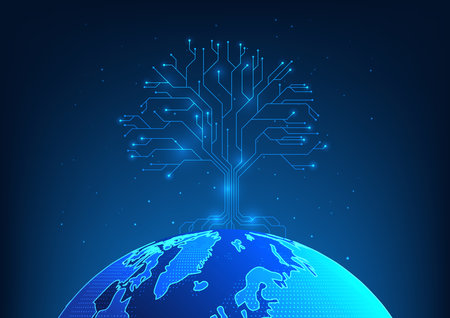 Renewable energy technology The tree is a pattern of technological circuits with branching connections to the world. Media about the use of renewable energy Helps reduce global warming and pollution.のイラスト素材