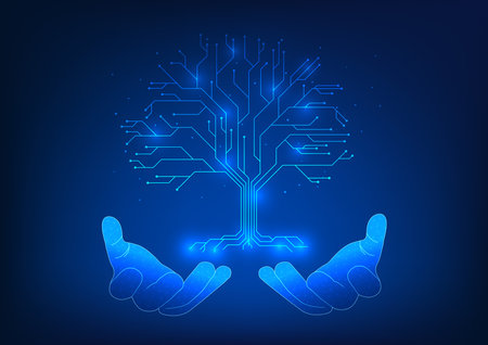 Renewable energy technology Two hands holding a tree that is a technological circuit. It represents working together to help preserve the environment by using clean, renewable energy.のイラスト素材