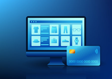 E-commerce business technology The computer screen has merchandise along with a credit card. It refers to selling products through a website or app. Customers can purchase products all over the world.のイラスト素材