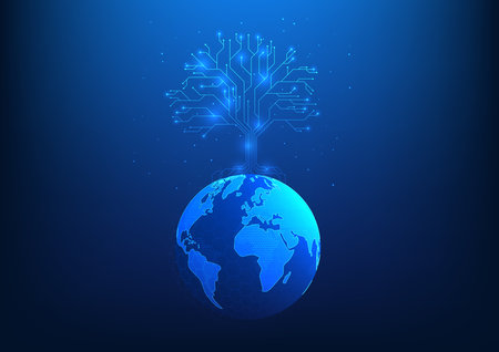 Renewable energy technology The tree is a pattern of technological circuits with branching connections to the world. Media about the use of renewable energy Helps reduce global warming and pollution.のイラスト素材