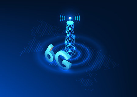 Telecommunication technology, Signal tower set on world map with broadcast waves It represents the...