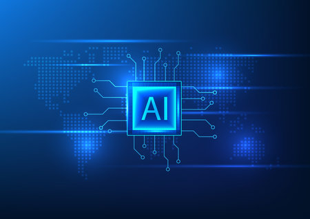 Artificial intelligence technology AI chip on the world map Shows AI technology that plays a role in daily life in the fields of industry, business, learning, and finance.のイラスト素材