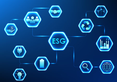 ESG connected to investment icons Shows that investing in business, environment, society and good governance is a sustainable investment.のイラスト素材