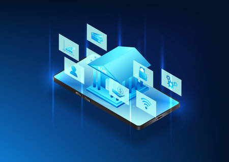 Smartphone technology, mobile screen is a bank Shows how to conduct financial transactions via mobile phone using the internet. including money transfers, product payments, investmentsのイラスト素材