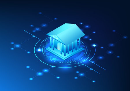 Technology for conducting online banking transactions via mobile phones or computer via internet signal Isometric illustration of bank in technology circle.のイラスト素材
