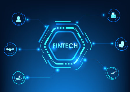 Financial technology Fintech is on the inside of the circle. Modern finance brings in technology to help manage transactions. both money transfer Pay for products online 24 hours a day.のイラスト素材